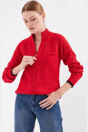 Bigdart 15863 Zippered Knitwear Cardigan - Red