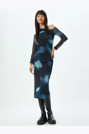 Koton Off the Shoulder Draped Asymmetric Cut Midi Tulle Dress