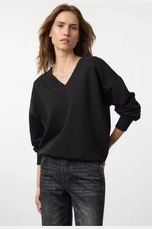 Trendyol Black Oversize/Wide Fit Thick V-neck Knitted Sweatshirt