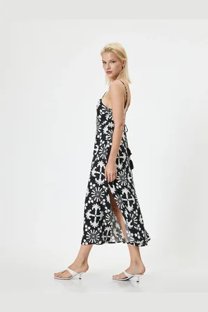 Koton Thin Strap Midi Floral Dress Linen Blend Slit Detail Tie Back