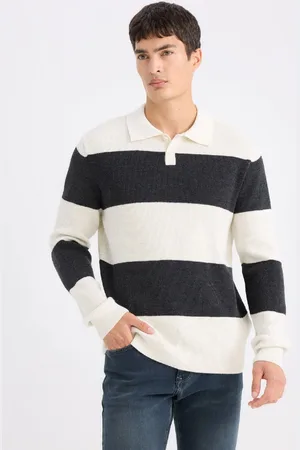 DeFacto Standard Fit Polo Collar Striped Knit Sweater