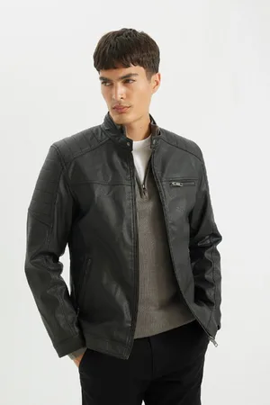 DeFacto Slim Fit Stand Collar Zippered Pocket Seasonal Faux Leather Coat Jacket