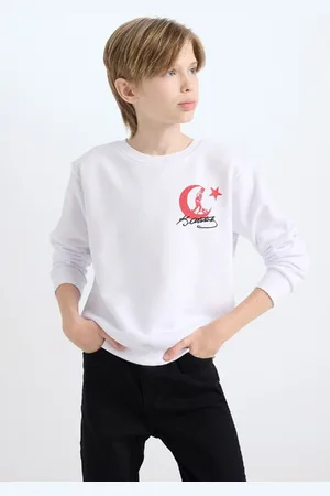 DeFacto Boy White Crew Neck Atatürk Printed Embroidered Sweatshirt