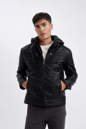 DeFacto Water Repellent Slim Fit Slim Cut Hooded Plush Lining Zippered Pocket Faux Leather Coat