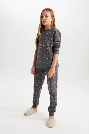 DeFacto Girls Pajama Set Patterned Long Sleeve Top Elastic Waist Long Bottom