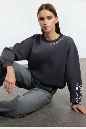 Trendyol Anthracite Slogan Printed Regular/Normal Fit Thick Inside Fleece Knitted Sweatshirt