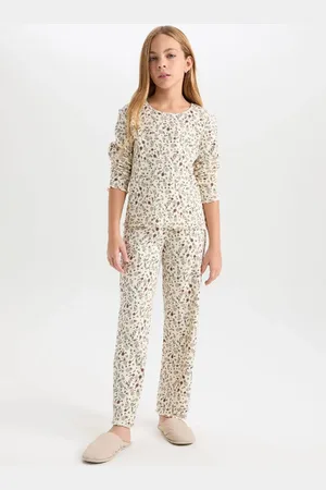 DeFacto Girls Pajama Set Floral Crew Neck Long Sleeve Top Long Bottom