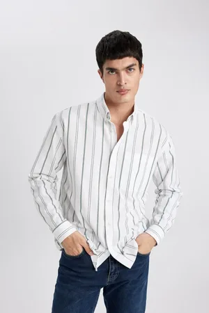 DeFacto Relax Fit Polo Neck Striped Oxford Long Sleeve Shirt