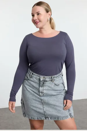 Trendyol Curve Grey 100% Cotton Fitted Long Sleeve Plus Size T-shirt