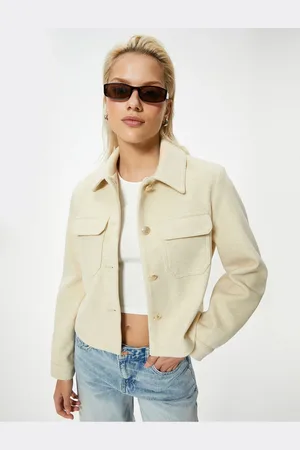 Koton Stamp Short Jacket Shirt with Collar Flap Pocket Detail and Gold Buttons