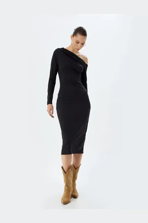 Koton Midi Dress Asymmetrical Neck Draped Slim Fit Long Sleeve