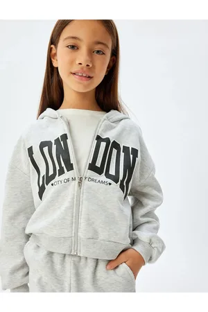 Koton Zippered Crop Sweatshirt Hooded Printed Detailed Raised