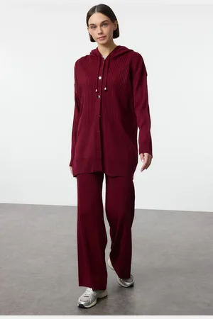 Trendyol Claret Red Hooded Oversize Knitwear Bottom-Top Set