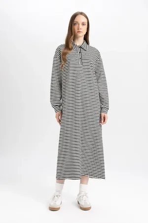 DeFacto Relax Fit Striped Zippered Polo Neck Long Sleeve Maxi Dress