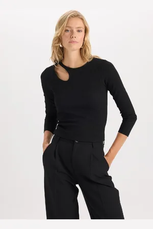 DeFacto Slim Fit Narrow Pattern Crew Neck Basic Plain Glitter Fabric Long Sleeve T-Shirt