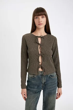 DeFacto Regular Fit Front Tie Crepe Long Sleeve T-Shirt