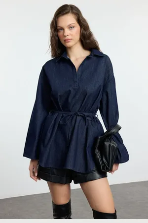 Trendyol Dark Blue Oversize Tie Denim Shirt