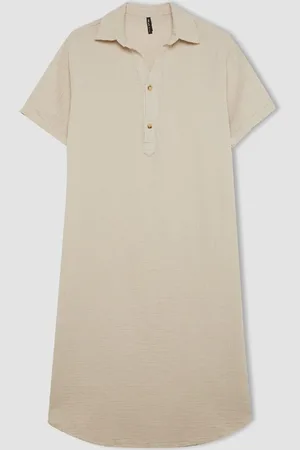 DeFacto Regular Fit Buttoned Polo Neck Basic Plain Muslin Short Sleeve Midi Dress