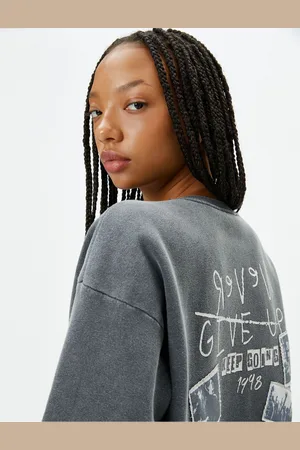 Koton Printed Back Sweatshirt Faded Effect Crew Neck Raised Cotton