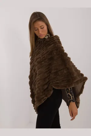 Wool Fashion Italia Tmavě hnědé hřejivé pončo z ekologické kožešiny