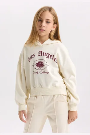 DeFacto Girl Ecru Oversize Wide Pattern Hooded Printed Sweatshirt