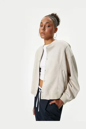 Koton Bomber Jacket with Suede Look, Snap Buttons, Pocket Detail, Ribbed