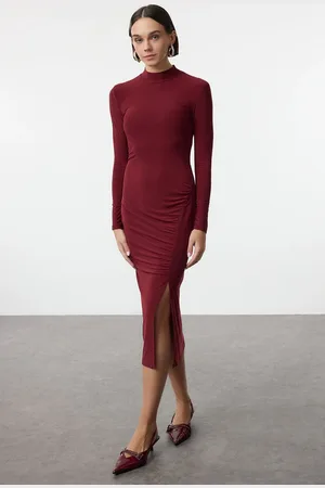 Trendyol Burgundy Drape Detailed Slit High Collar Fitted Flexible Midi Knitted Dress