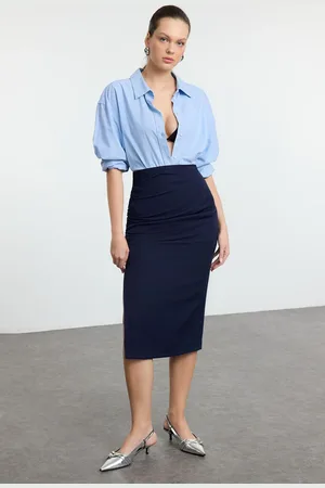 Trendyol Navy Blue Gathered Slit Detailed Pencil Fit Midi Woven Skirt