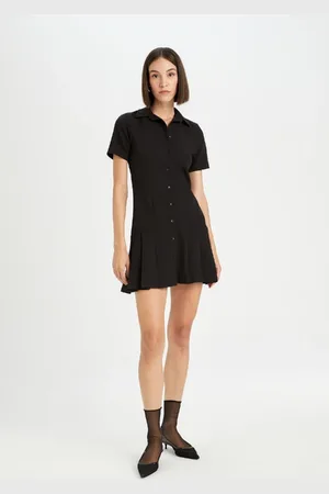 DeFacto Polo Neck Basic Plain Short Sleeve Pleated Mini Dress