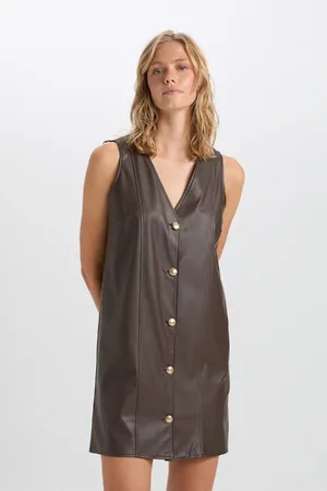 DeFacto A-Line V-Neck Basic Plain Button Faux Leather Sleeveless Mini Dress