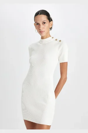 DeFacto Fitted Half Turtleneck Basic Plain Button Ribbed White Mini Dress