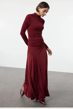 Trendyol Burgundy Fitted/Fits the Body Stand Collar Long Sleeve Flexible Maxi Knit Dress