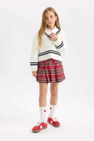 DeFacto Girl Red Pleated Plaid Gabardine Skirt