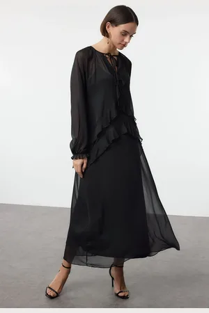Trendyol Black Straight Cut Ruffle Maxi Chiffon Woven Dress