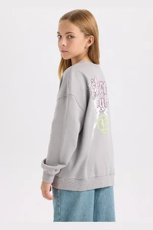 DeFacto Girl Gray Oversize Wide Pattern Crew Neck Back Printed Sweatshirt