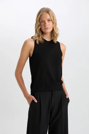 DeFacto Black Fitted Crew Neck Rib Sleeveless Basic Plain Sweater