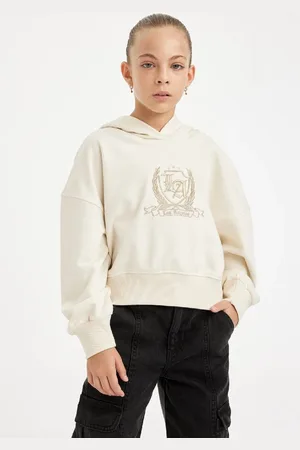 DeFacto Girl Ecru Oversize Wide Pattern Hooded Embroidered Thick Sweatshirt