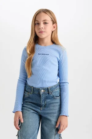 DeFacto Girls Regular Fit Crew Neck Slogan Printed Ribbed Camisole Long Sleeve T-Shirt