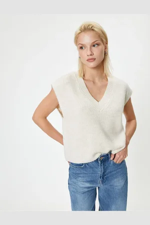 Koton Textured Sleeveless Knitwear V Neck Oversize Sweater
