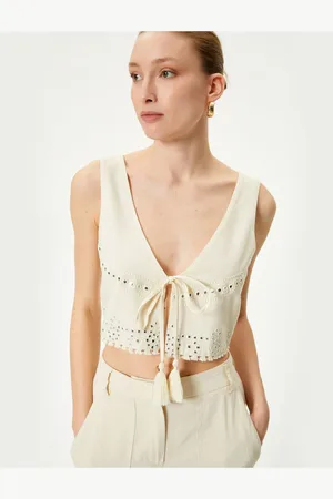 Koton Crop Vest Embroidered Tassel Tie Detailed V-Neck