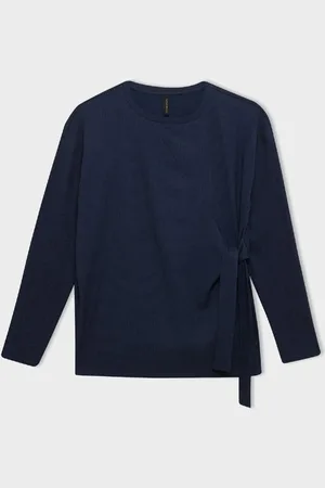 DeFacto Crew Neck Tie Detail Casual Crepe Long Sleeve Navy Blue T-Shirt
