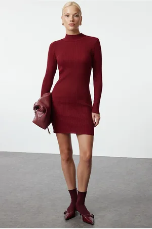 Trendyol Burgundy Mini Knitted Bodycon Dress