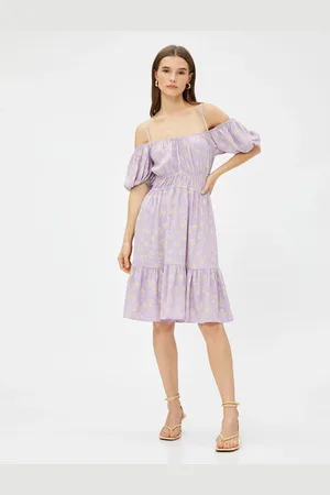 Koton Short Madonna Collar Floral Dress Viscose Off-the-Shoulder with Elastic Detail