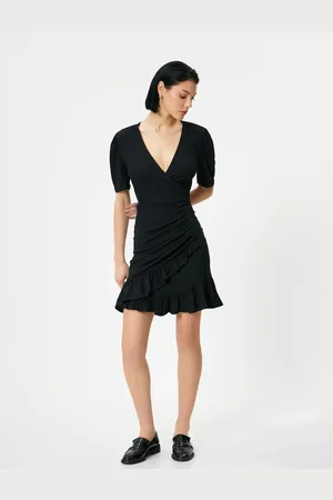 Koton Mini Ruffle Dress V Neck Double Breasted Balloon Sleeve