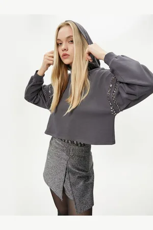 Koton Hooded Sweatshirt Sleeves with Shiny Stone Embroidery - Handmade Collection