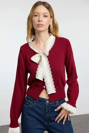Trendyol Claret Red Garni Detailed Color Block Knitwear Cardigan