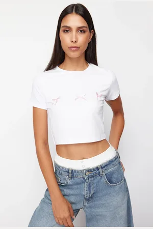 Trendyol White Bow Detailed Crop Short Sleeve Knitted T-Shirt