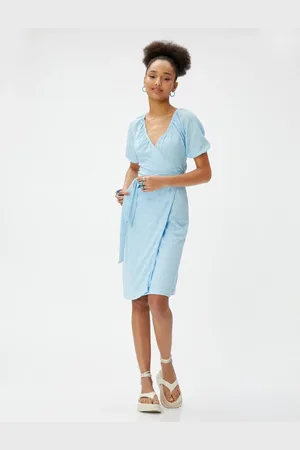 Koton Mini Scallop Dress Wrap Belted V-Neck Balloon Sleeve