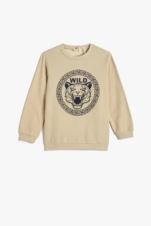 Koton Sweatshirt Tiger Embossed Printed Cardigan Crew Neck