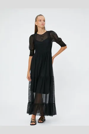 Koton A-Line Dress Long Transparent Detailed Embroidered Balloon Sleeves